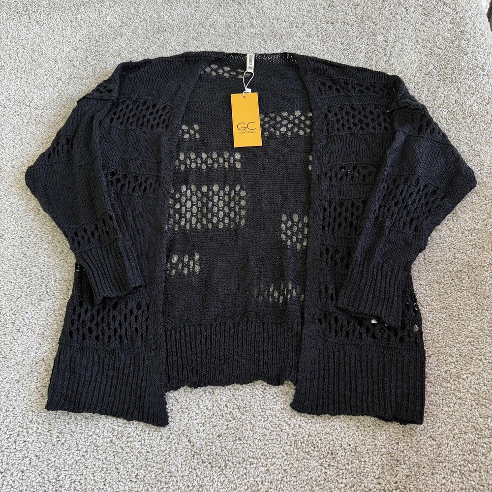 GRECERELLE Cardigan Sweater Womens M Black V Neck Open Front Open-Knit Sheer